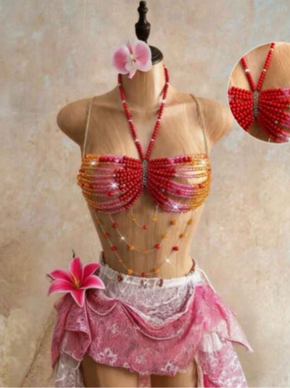 Beaded Pink & Orange Festival Bra Top